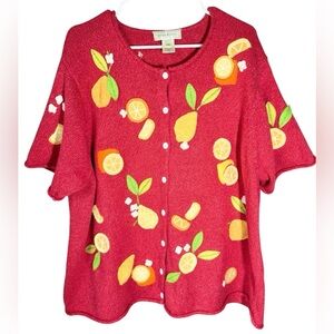 VTG Susan Bristol Cottagecore Cardigan Fruit Cotton Sweater Button Up 3W 2X
